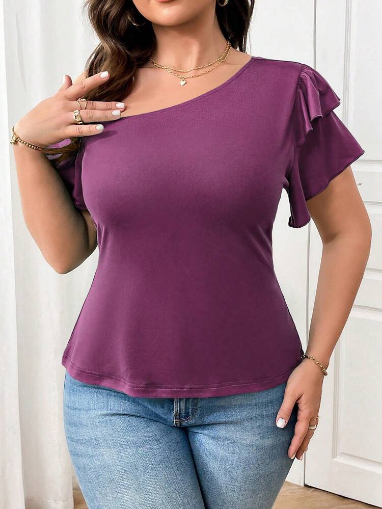 Elenzga Áo thun tay ngắn dáng rộng, hở vai, dáng rộng, đa năng, size lớn cho nữ - Màu tím - Xem 4