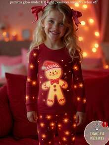 女童可爱优雅圣诞姜饼人印花针织圆领卫衣和打底裤两件套家居服套装 - 酒紅色 - 查看 1