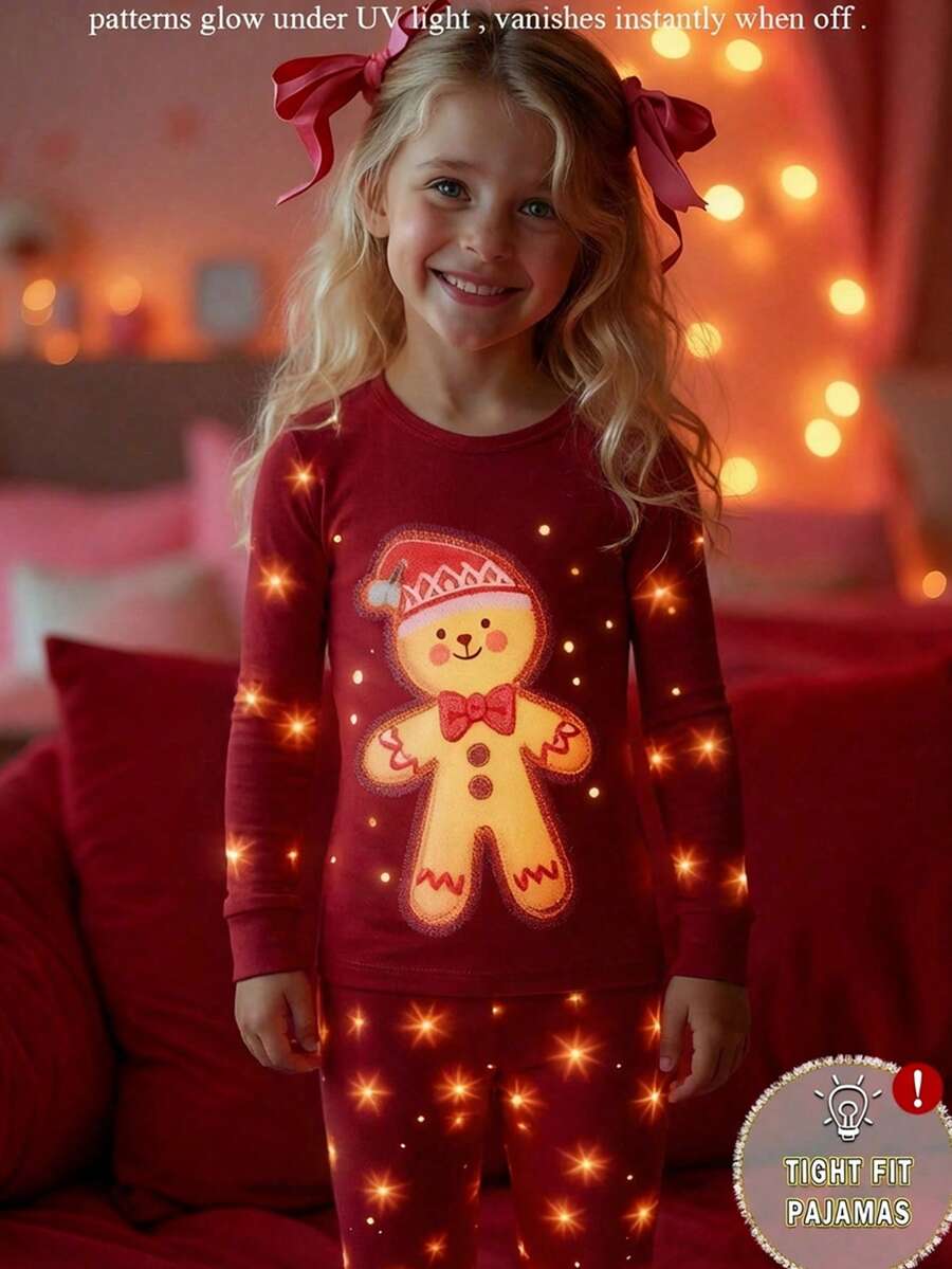 女童可爱优雅圣诞姜饼人印花针织圆领卫衣和打底裤两件套家居服套装 - 酒紅色 - 查看 1