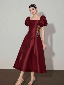 Modelyn Women's Floral Embroidery Pattern Elegant Waist Cinched Midi Party Dress With Puff Sleeves - Burgundy - View 8