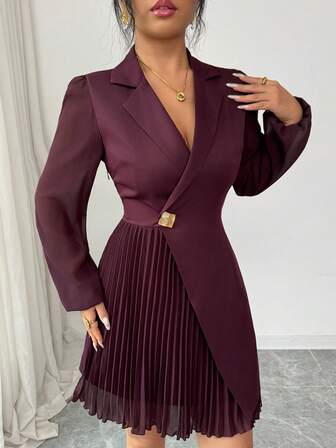 Gloray Vestido de oficina elegante de manga larga con cuello de blazer color marrón oscuro, falda plisada con parches de malla, cintura ceñida para estilizar la figura