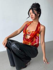 Áo hai dây Aloruh mới, gợi cảm, xuyên thấu, màu cam nhuộm tie-dye, họa tiết nổi bật, cổ khoét sâu, dây buộc, trang trí kim loại, hở lưng, thích hợp cho kỳ nghỉ, du thuyền, tiệc tùng, hẹn hò, ngày Valentine, trang phục đi biển cho nữ, đồ mặc mùa hè, áo mùa hè, quần áo đi biển cho nữ. - trái cam - Xem 5