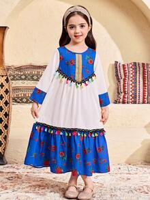 SHEIN Young Girl Floral Print Patchwork Long Sleeve Casual Arabian Dress,Modest Loose V-Neck Lace Trim Fringe,White,Autumn,Traditional,Wedding Holiday - Blue - View 2