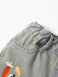 SHEIN 女童休闲牛仔夏季新品，浅蓝色牛仔布可爱动物印花宽松直筒牛仔裤，适合日常穿着和返校季。 - 淺色水洗藍 - 查看 5