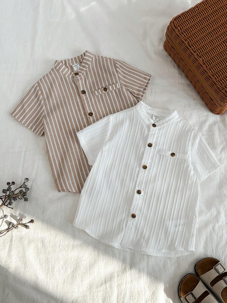 SHEIN 两件套男童休闲百搭纯色卡其条纹白领短袖衬衫套装，适合生日派对、锐舞派对、晚宴、演出、婚礼、洗礼、庆典等场合。 - 彩色 - 查看 1