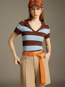 Elnivra 撞色条纹 Polo 领针织上衣，法式街头风，短袖夏季衬衫 - 棕色 - 查看 3