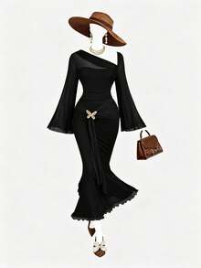 SHEIN MOD Plus Size Asymmetric Shoulder Flare Sleeve Brown Dress With Bowknot Metal Buckle Fishtail Hem - Black - View 12