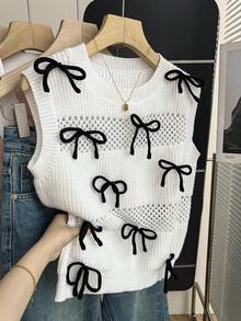 Franclia Nouvelle arrivée Minimaliste Doux Style Coréen Féminin Nœud Papillon Laçage Ballet Tricot Débardeur Pour Femmes, Printemps/Automne - Noir et Blanc - Voir 1