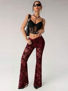 SHEIN ICON 花卉图案性感植绒薄纱喇叭裤 - 酒紅色 - 查看 4