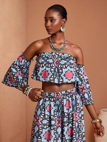 JIAN LASALA All-Over Print Off-Shoulder Ruffled Bell Sleeves Crop Top Women Vacation Casual Holiday - Multicolor - View 3