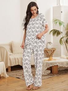 SHEIN Elegant Lace Embroidery Print Short Sleeve Pajama Set For Women - White - View 3