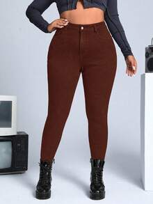 SHEIN ICON Plus Size Solid Color Slim Fit Casual Jeans With Pockets - Red - View 6