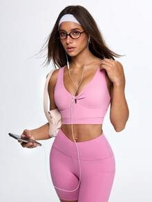 Slayform Women's Soft Pink V-Neck Twist Front Longline Sports Bra,Double Strappy Back Keyhole Yoga Top,Summer Athleisure Open Back Gym Workout Athletic Top - Pink - View 5