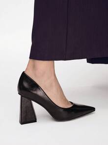 Mnmlis 女士优雅PU皮革尖头粗跟高跟鞋 - 咖啡棕 - 查看 9