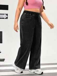 Flexra Plus Size Women Drawstring Waist Wide Leg Loose Casual Jeans - Black - View 6