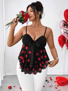 Elenzga Camiseta ajustada elegante y casual con parches de malla con forma de corazón y decoración de moño, adecuada para una cita en el Día de San Valentín, dulce pero ligeramente sexy