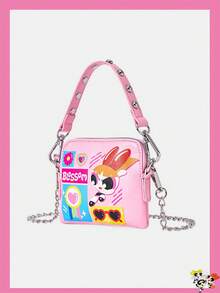 THE POWERPUFF GIRLS X SHEIN Women's Fashion Personalized Minimalist Cool Streetwear Yellow Print Rivet Handbag, Shoulder Bag, Small Crossbody Bag (3-In-1 Style) - Pink - View 2