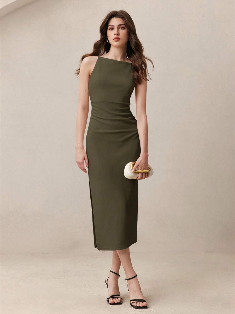 BizChic Women's Spaghetti Strap Ruched Waist Side Slit Dress, Suitable For Urban Commute, Business Casual, Office Wear, Elegant, Music Festival, Valentine's Day, Summer - Army Green - View 1