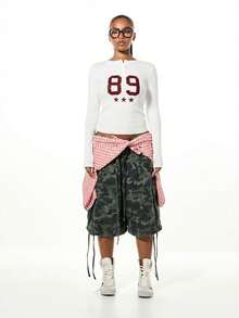 SUMWON WOMEN Long Sleeve Varsity Number Baby Tee With Button Detail Ribbed Crop Top College Style Graphic Print Stars - White - View 4