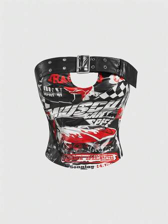 ROMWE Avant Top tubo decorato con stampa motociclistica sexy, stile biker retrò, con fibbia e cinturino per le donne