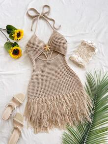 Soleia Women's Vacation Spaghetti Strap V-Neck Hollow Out Metal Starfish Knit Tassel Mini Dress, Sexy Beach Dress For Holiday, Date, Beach Vacation, Wedding, Party, Cruise, Boho Vacation, Music Festival, Hippie, Western - Khaki - View 1