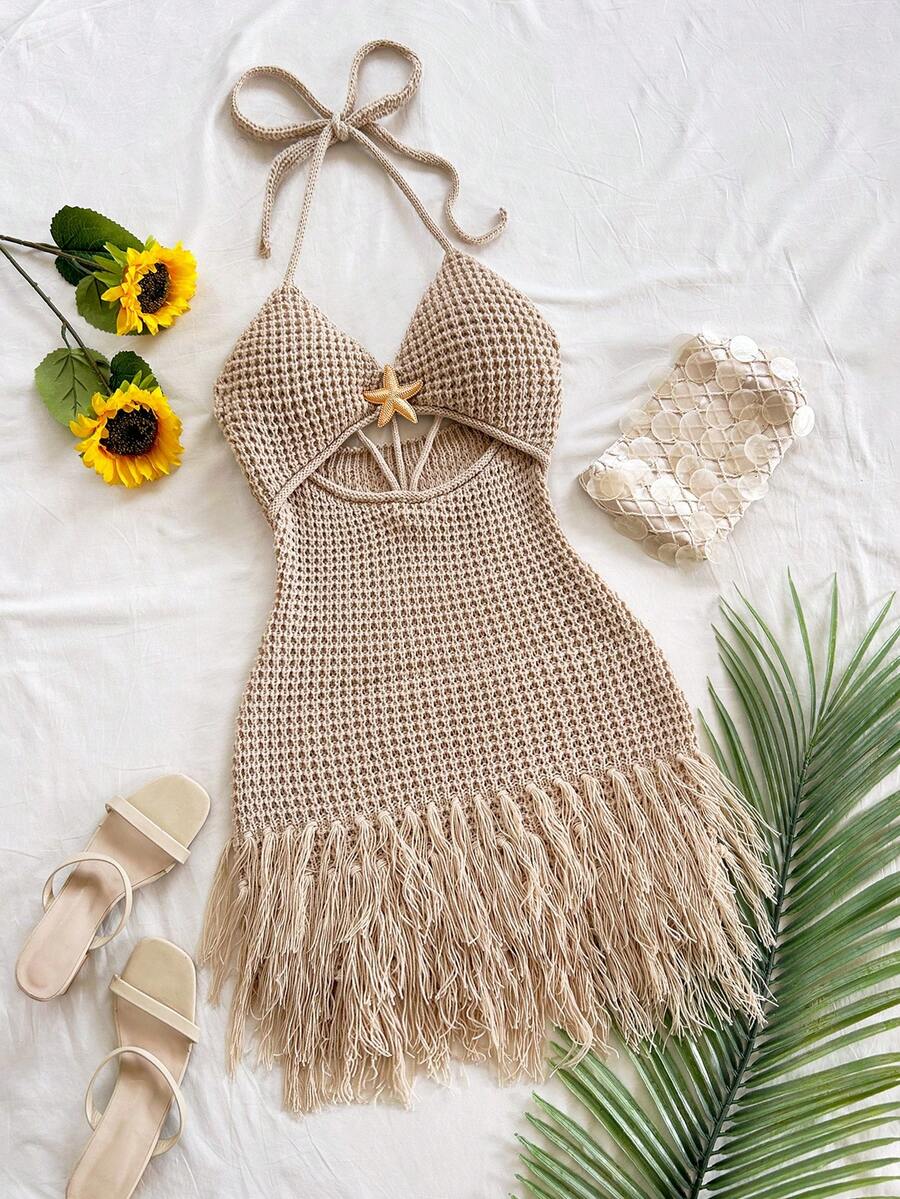 Soleia Women's Vacation Spaghetti Strap V-Neck Hollow Out Metal Starfish Knit Tassel Mini Dress, Sexy Beach Dress For Holiday, Date, Beach Vacation, Wedding, Party, Cruise, Boho Vacation, Music Festival, Hippie, Western - Khaki - View 1