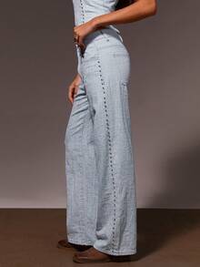 Athîral High Waisted Wide Leg Studded Denim Jeans Y2K Fashion Baggy Pants All Over Metal Studs Western Inspired Street Style Fall Winter Bottoms - Multicolor - View 2