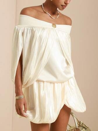 SHEIN Veneréa 女士露肩米色褶皱碎花迷你连衣裙