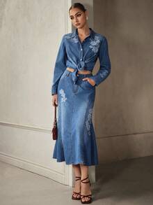 Selenza Women's Applique Long Sleeve Single-Breasted Casual Denim Shirt - Medium Wash - View 5