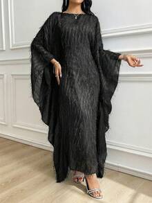 Al Najma 女士纯色优雅土耳其长裙，阿拉伯传统长袍 - 黑色 - 查看 2