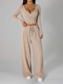 SHEIN PETITE Women's Light Beige Casual Ribbed Long Sleeve T-Shirt And Pants Two Pieces Comfy Lounge Set For Autumn , Petite Women - Khaki - View 8