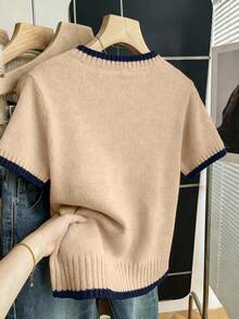 SHEIN Franclia 新款夏季简约个性拼接撞色优雅百搭女士针织上衣 - 駝色 - 查看 2