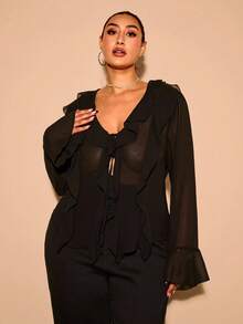 SHEIN BAE 大码秋季优雅甜美性感女士黑色雪纺荷叶边装饰修身长袖开衫衬衫日常穿着透视装