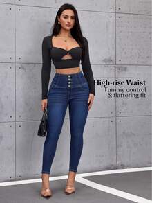 Flexra 女士休闲水洗高腰修身牛仔裤 - 深色水洗藍 - 查看 6