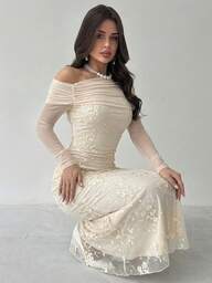 Firerie Elegantes, exquisites, romantisches, würdevolles Damen Langarm Bodycon Kleid mit besticktem Mesh und asymmetrischer Schulter, geeignet für Dates, Bälle, Partys, Silvester Feiertage, Mode