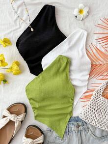 3件套少女度假休闲不对称下摆背心和吊带衫，夏季日常假日穿搭，返校季，下午茶 - 彩色 - 查看 1
