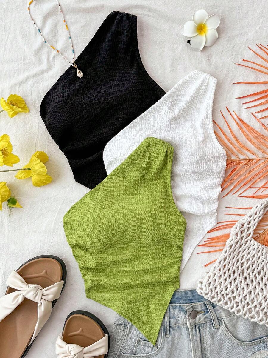 3件套少女度假休闲不对称下摆背心和吊带衫，夏季日常假日穿搭，返校季，下午茶 - 彩色 - 查看 1