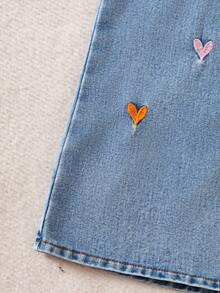 Genkimix Kids Girls' Blue Back-To-School Washed Loose Denim Pinafore Dress,Multi-Color Heart Embroidery,Soft Cotton Denim Casual Dress For Spring & Autumn Outing - Medium Wash - View 6