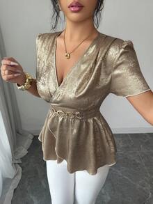 Elenzga Women's Fashion Deep V-Neck Puff Sleeve Cinched Waist Metal Button Irregular Hem Elegant Daily, Vacation, Outing, Party Short Sleeve Blouse, Spring/Summer - Gold - View 5