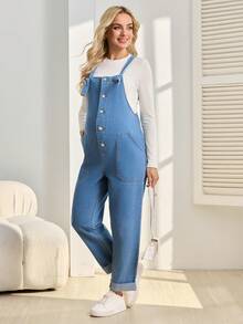 SHEIN Maternity Solid Color Denim Bib Pants And Jumpsuit - Blue - View 1