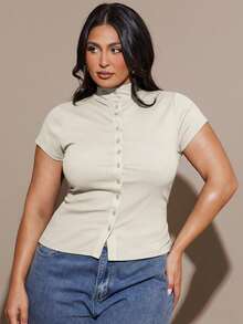 SHEIN BAE Plus Size Women's Solid Color Stand Collar Single-Breasted Casual Commuter Short Sleeve T-Shirt Plus Size Solid Color Ribbed Knit T Shirt - Apricot - View 6