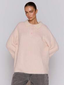 MUSERA Suéter oversize con detalles de botones de dos tonos de mohair, estilo de calle, lindo, para invierno y primavera - Rosa - Ver 5