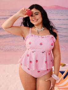 Swim Mod 大码女式两件套随机印花吊带泳衣，带收腹设计，适合海滩和度假 - 彩色 - 查看 3