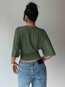 Aloruh Áo thun nữ cổ tròn tay cánh dơi xếp ly ngắn tay, màu trơn, kiểu dáng thường ngày - Màu xanh lá cây đậm - Xem 2