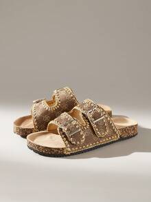 Solecia Women's Embossed Buckle Casual Versatile Flat Shoes - Brown - View 2