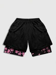 ROMWE MEN Anime 男士休闲二合一印花抽绳短裤 - 彩色 - 查看 2