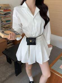 DAZY 女士休闲纯色翻领褶皱宽松迷你连衣裙 - 白色 - 查看 10