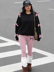 Sparklyn 2pcs/Set Teens' Minimalist Fashion Pink Bow Black Top And Pink Pants Sweatsuit Fall Winter - Multicolor - View 1