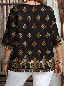 EMERY ROSE Lässiges minimalistisches goldenes Blume Muster Shirt in Große Größen mit V-Ausschnitt, schwarzes Top