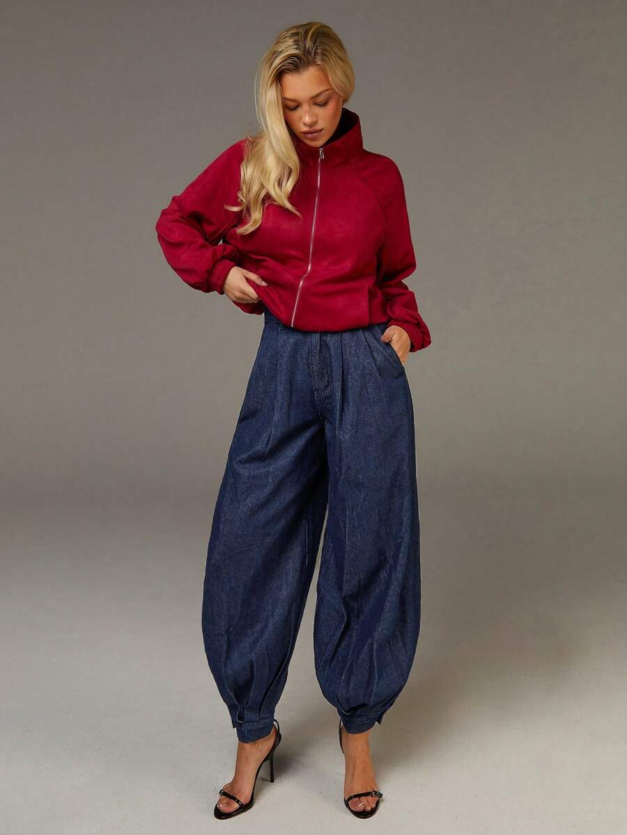 Athîral 女士高腰褶裥休闲宽松锥形裤 - 藍色 - 查看 1